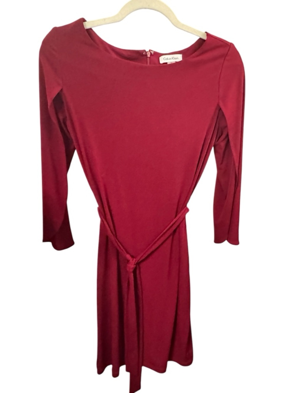 Calvin Klein Wine Red Tie Waist Dress Size 4 Long Sleeve Stretch Sheath EUC